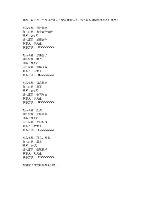 节日对外送礼需求表