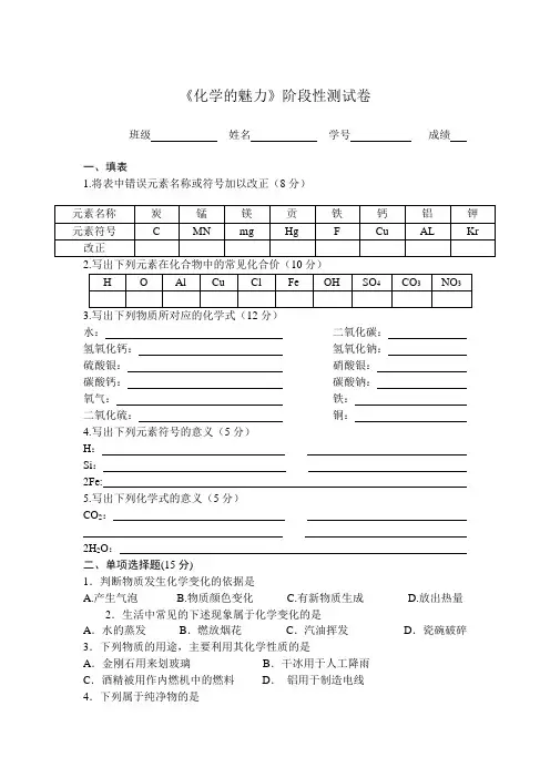 沪教版化学九上第1章《化学的魅力》word单元测试5