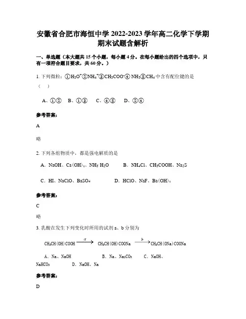 安徽省合肥市海恒中学2022-2023学年高二化学下学期期末试题含解析