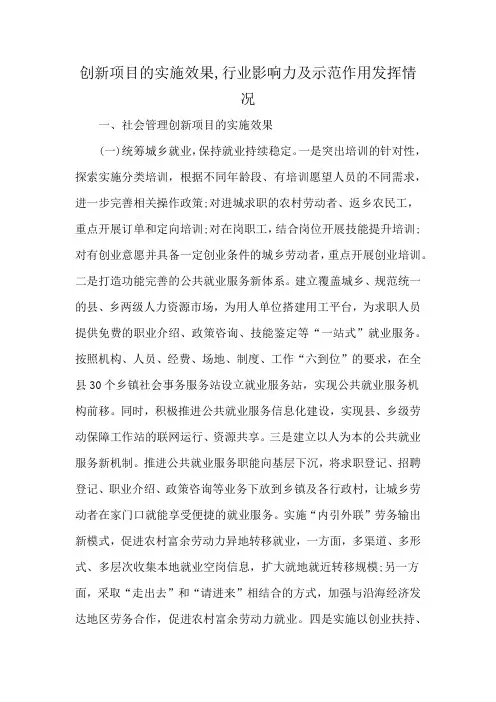 创新项目的实施效果,行业影响力及示范作用发挥情况