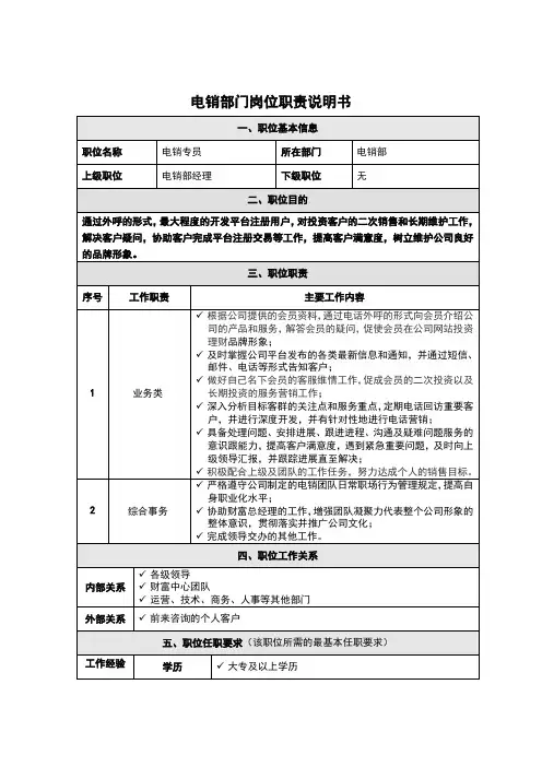 电销部门岗位职责说明书