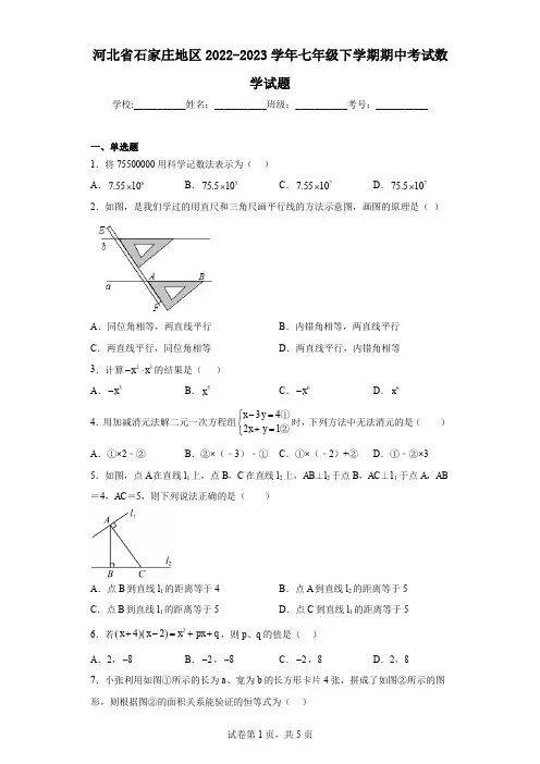 河北省石家庄地区2022-2023学年七年级下学期期中考试数学试题