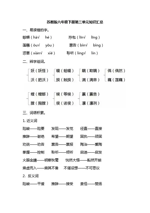 苏教版六年级语文下册第三单元知识汇总