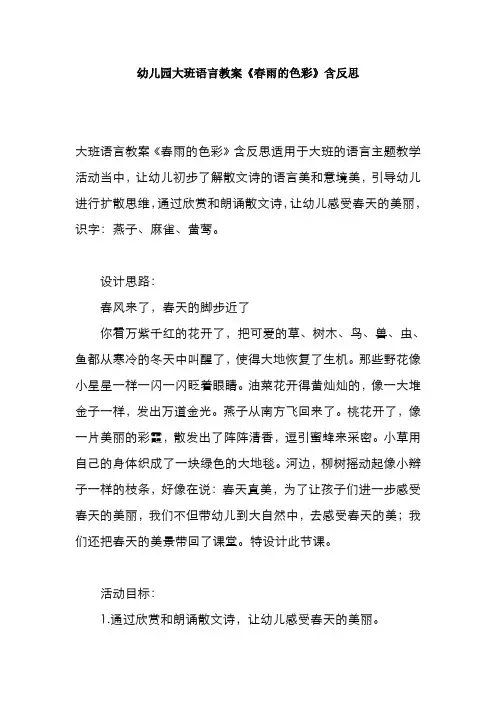 幼儿园大班语言教案《春雨的色彩》含反思