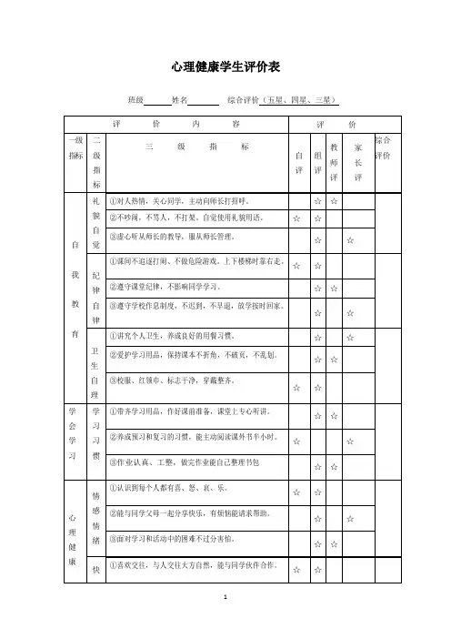 小学心理健康学生评价表