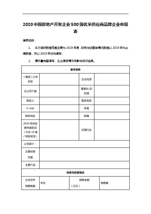 2020中国房地产开发企业500强优采供应商品牌企业申报表