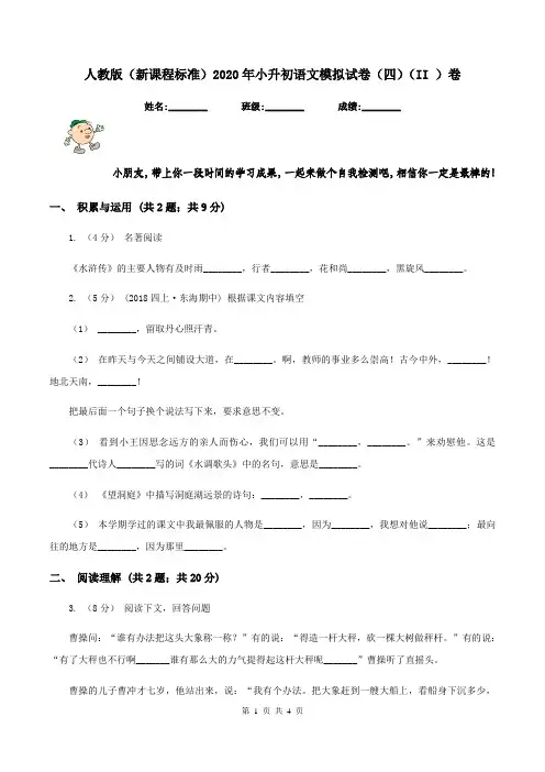 人教版(新课程标准)2020年小升初语文模拟试卷(四)(II )卷