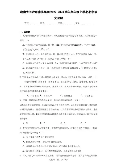 湖南省长沙市雅礼集团2022-2023学年九年级上学期期中语文试题