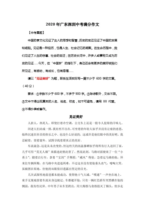 2020年广东深圳中考满分作文《见证美好》15