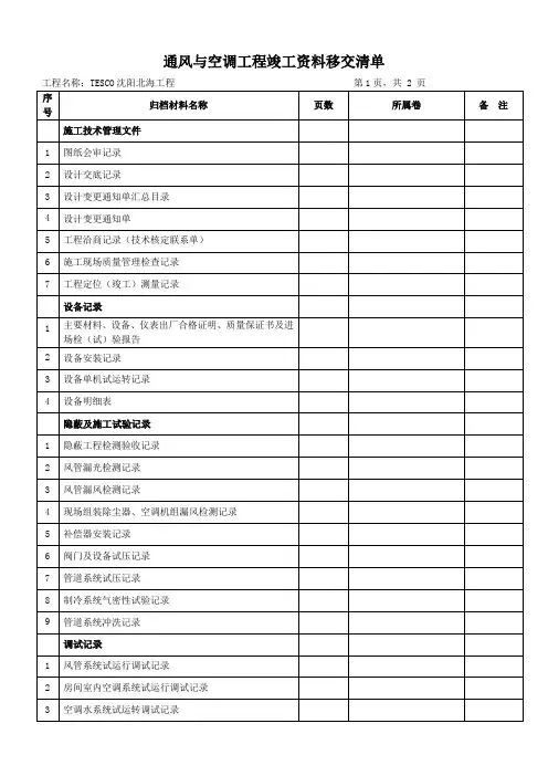 水、电工程竣工资料移交清单