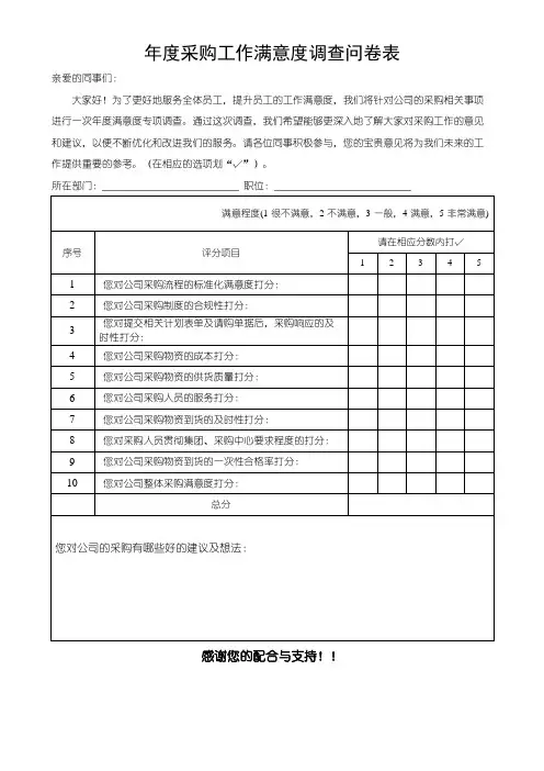 年度采购工作满意度调查问卷表(可修改)