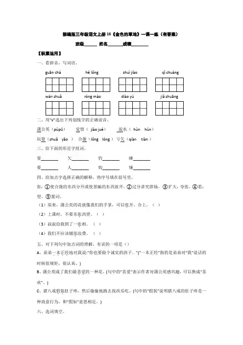 部编版三年级语文上册16《金色的草地》一课一练(有答案)