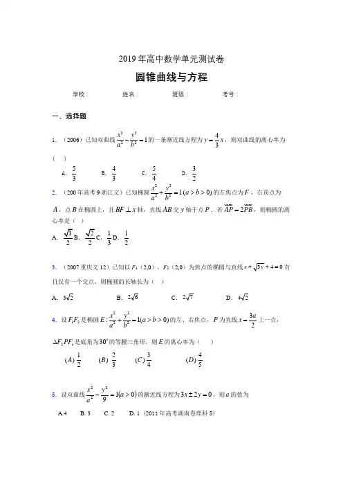 最新2020高考数学《圆锥曲线方程》专题训练考核题完整版(含参考答案)