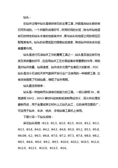 钻头直径规格表