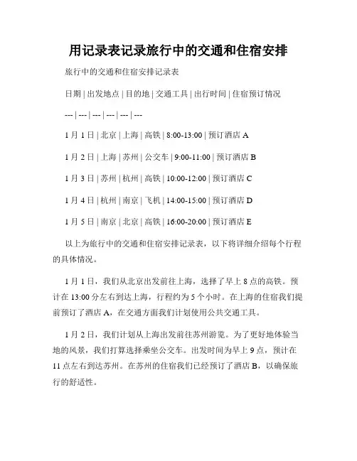 用记录表记录旅行中的交通和住宿安排