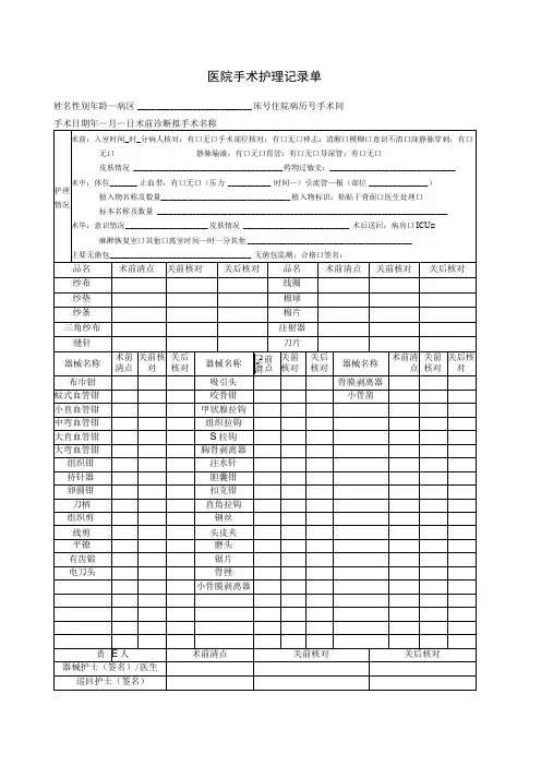 医院病历手术护理记录单