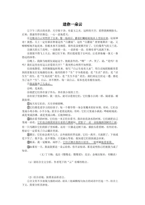 送你一朵云(2022年湖南岳阳中考语文试卷记叙文阅读题及答案)