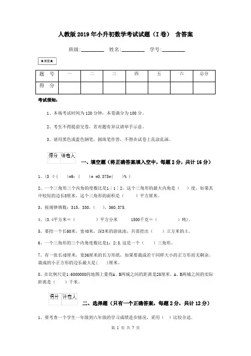 人教版2019年小升初数学考试试题(I卷) 含答案