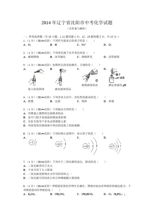 2014年辽宁省沈阳市中考化学试题(含答案与解析)