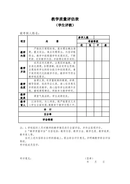教师教学质量评估考核表