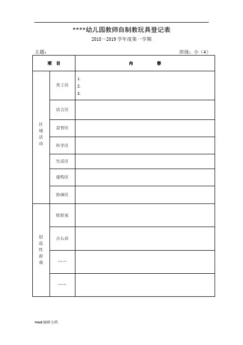 幼儿园 自制教玩具登记表