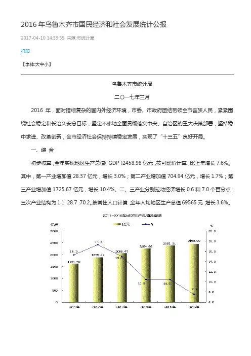 2016年乌鲁木齐市国民经济和社会发展统计公报