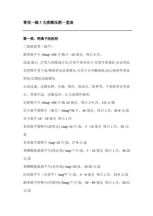 常用一线5大类降压药一览表