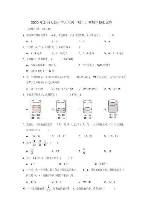 2020年北师大版小学数学六年级下册小升初模拟试题(含答案)