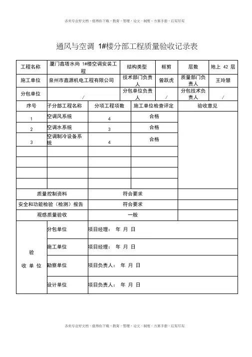 通风与空调子分部工程质量验收记录