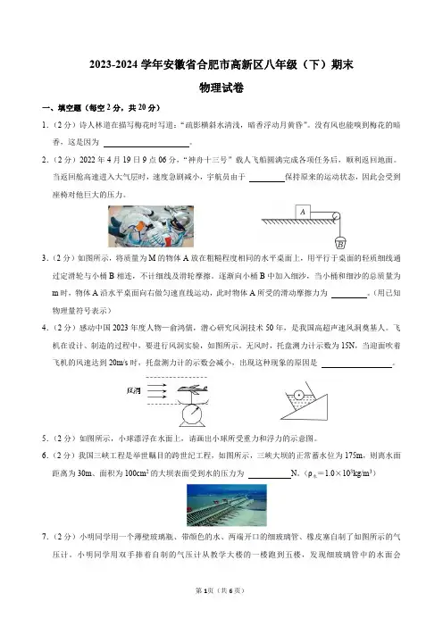 2023-2024学年安徽省合肥市高新区八年级(下)期末物理试卷及答案解析