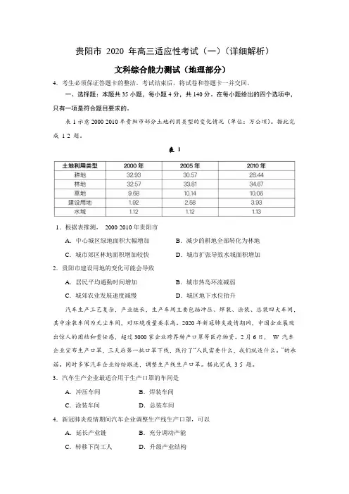 (详细解析版)贵州省贵阳市2020年高三适应性考试(一模)-