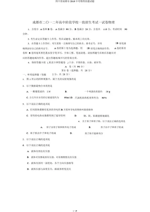 四川省成都市2019中考物理真题试题