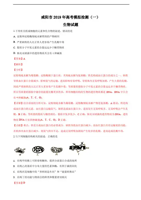 2019届陕西省咸阳市高三下学期高考模拟检测(一)生物试卷(解析版)