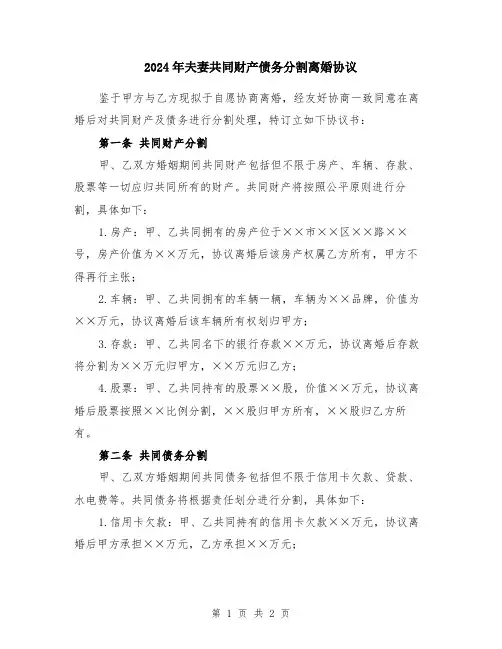 2024年夫妻共同财产债务分割离婚协议