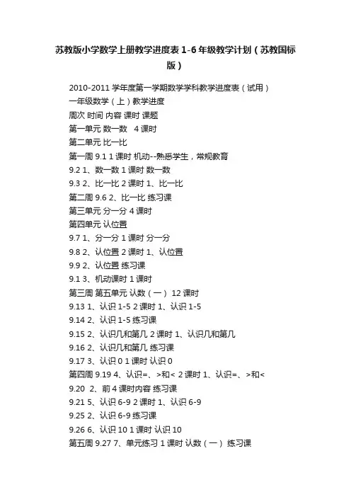 苏教版小学数学上册教学进度表1-6年级教学计划（苏教国标版）
