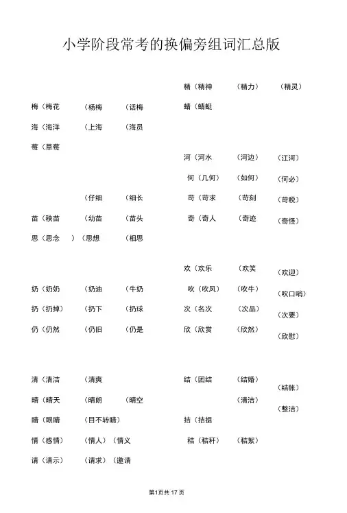 小学常考的换偏旁组词汇总版