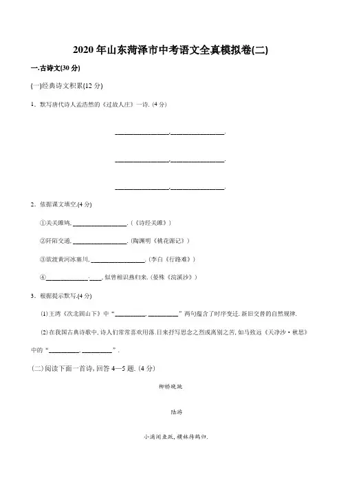 2020年山东菏泽市中考语文全真模拟卷(二)(原卷版)