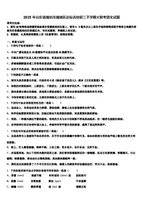 2025年山东省潍坊市潍城区达标名校初三下学期大联考语文试题含解析