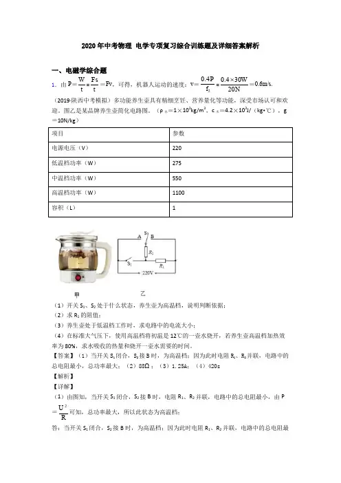 2020年中考物理 电学专项复习综合训练题及详细答案解析