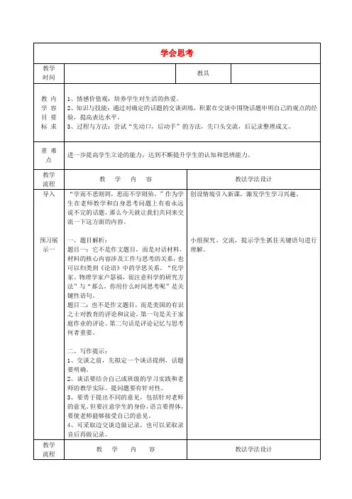 吉林省长市第一五七中学九年级语文下册 作文一 学会思考教案 长版