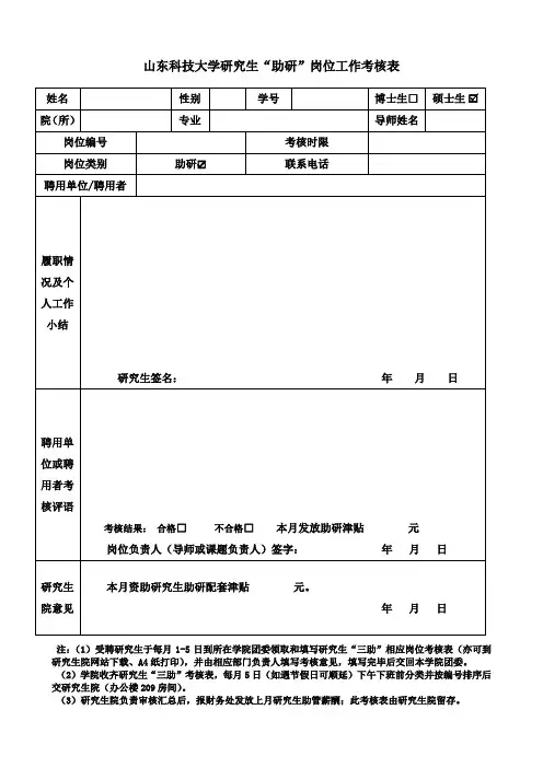 山东科技大学研究生“助研”岗位工作考核表