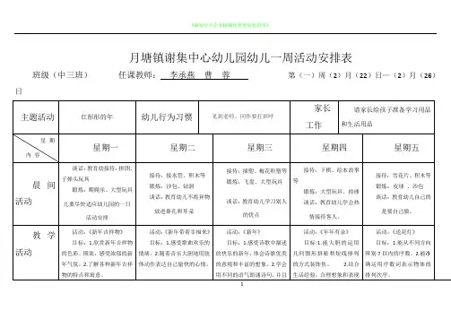 中班一周活动计划安排表