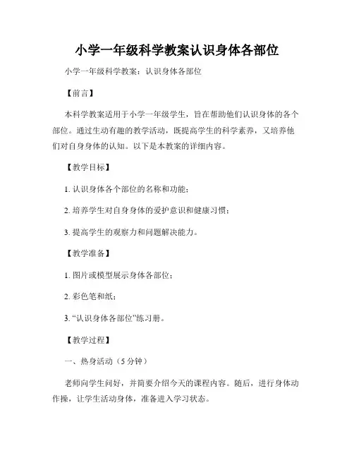 小学一年级科学教案认识身体各部位