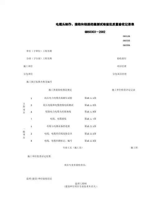 电缆头制作接线和线路绝缘测试检验批质量验收记录表