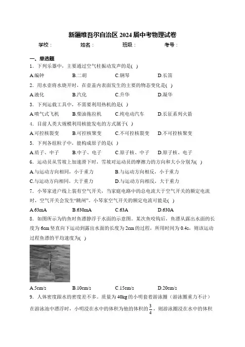 2024年新疆维吾尔自治区中考物理真题试卷(含答案)