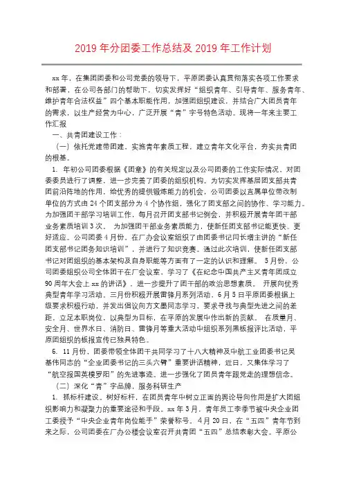 2019年分团委工作总结及2019年工作计划