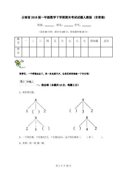 云南省2019版一年级数学下学期期末考试试题人教版 (含答案)