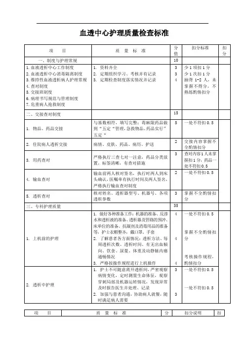 血透中心护理质量检查标准