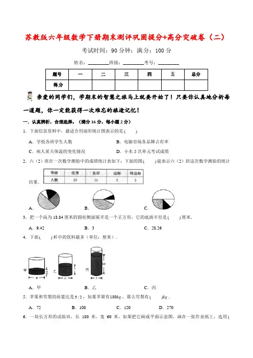 六年级数学下册期末测评巩固提分+高分突破卷(二)苏教版(含答案)