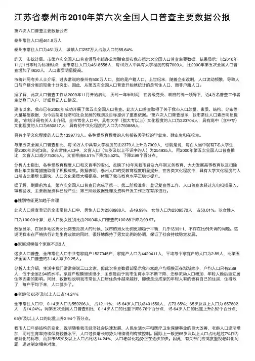 江苏省泰州市2010年第六次全国人口普查主要数据公报